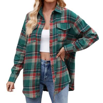 Chaqueta estilo camisa de cuadros anchos con bolsillos y botones sueltos y mangas largas para mujer