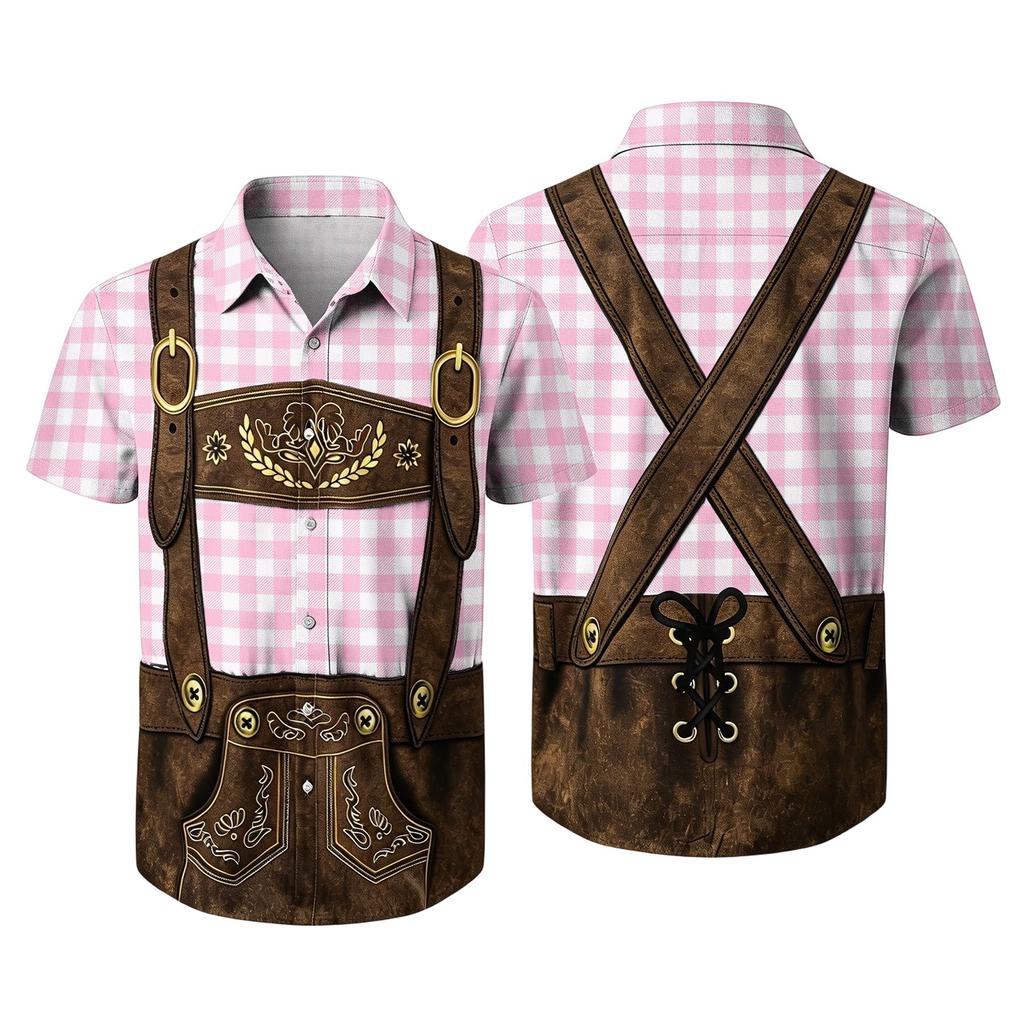 Men’s Short Sleeve Button Down Shirt with Vintage Festival Print Casual Relaxed Fit Top for Party and Daily Wear