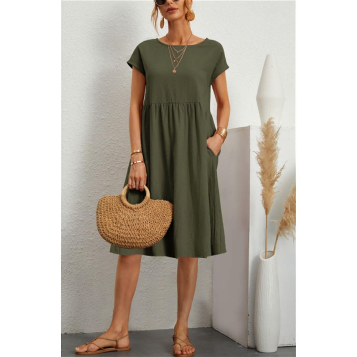 

Summer Women OL Style Cotton Crew Neck A-line Dress Casual Office Ladies Dress Cross-border Wholesale XXL армія зелений колір