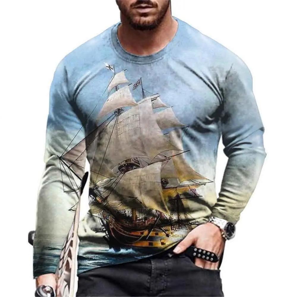 Navigation Sailing Ship3D Digital Printed Men's Fashion Trend Round Neck Long Sleeved T-shirt