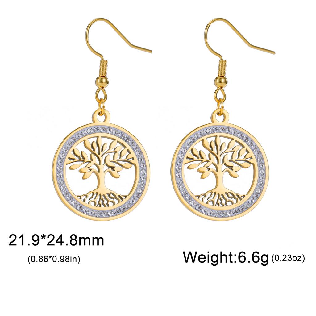 Tree of Life Women's Earrings Stainless Steel Gold Clear Zircon Round Pendant Dangle Earring Amulet Jewelry Gift