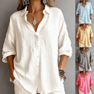 Womens Casual Loose Solid Color Long Sleeve Lapel Button Down Shirt