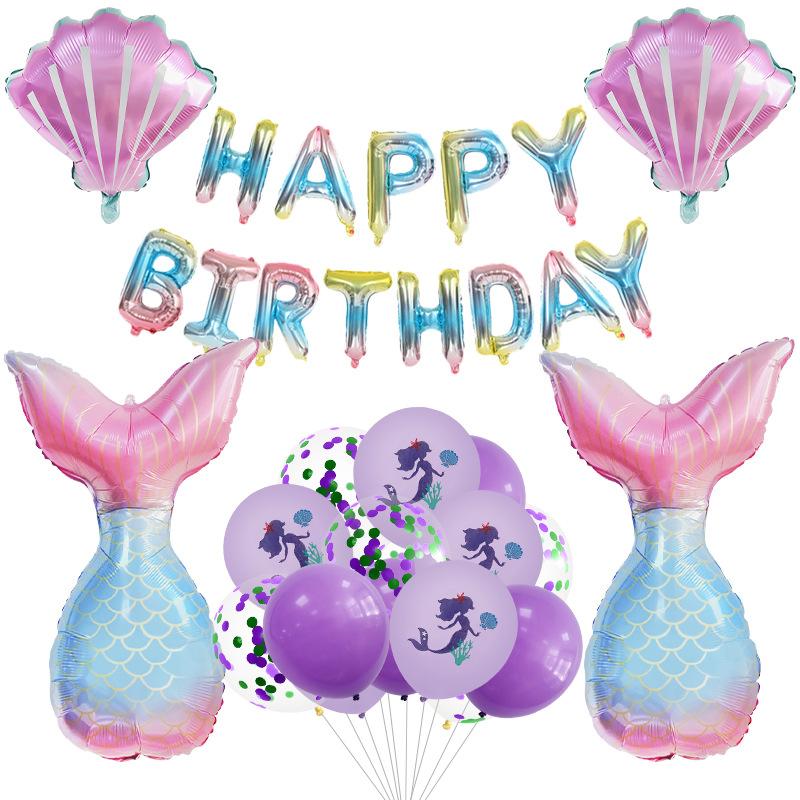 23Pcs Mermaid Print Latex Balloon Aluminum Film Fishtail Sequins Birthday Flag Party Scene Arrangement