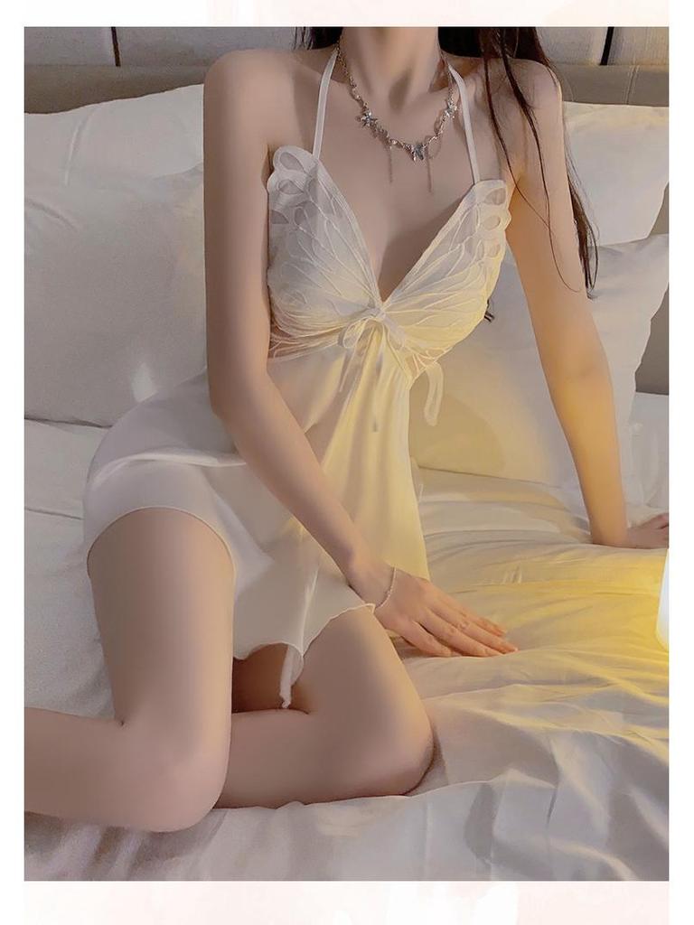 Butterfly Halterneck Ice Silk Lingerie Set with Sleeveless Nightgown and Sexy Back Detail.