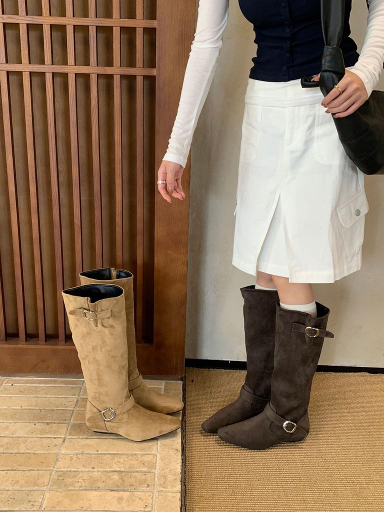 Vintage western suede women's niche fashion pleated belt buckle looks thin but knee thick heel boots