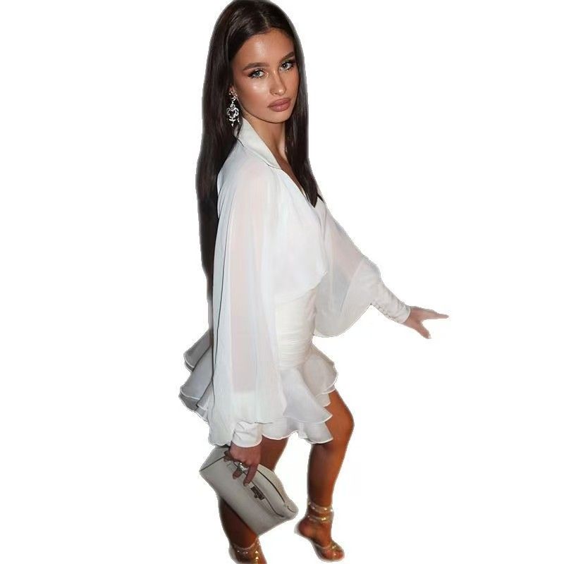 Western Style Sexy Shirts Skirt Two-Piece Set Lantern Sleeve Shirt and Skirt Set