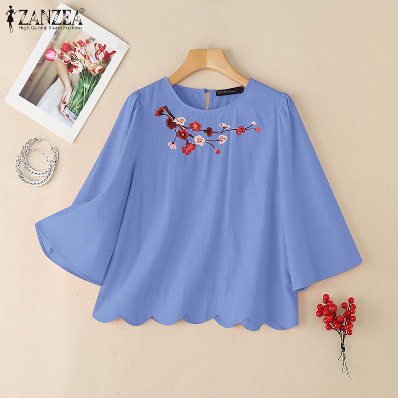 ZANZEA Women Casual Floral Embroidery Loose Summer 3/4 Sleeve Blouse