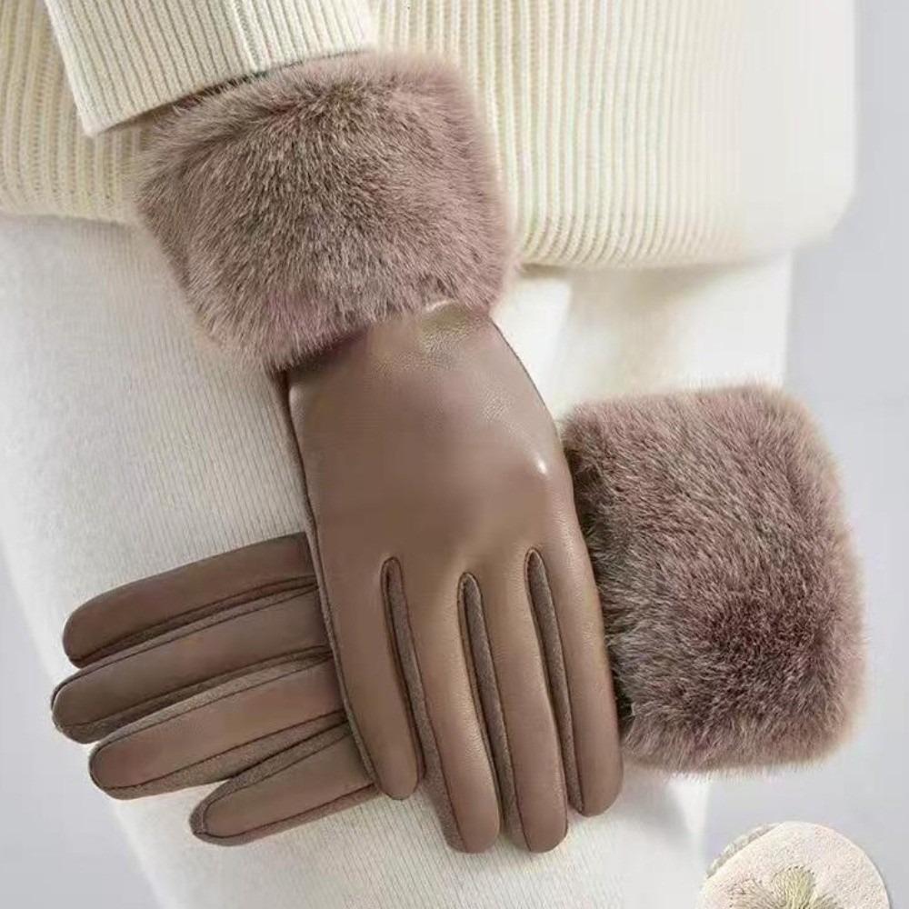 Warm Touchscreen Plush Gloves Faux Fur Trim Cycling Windproof Gloves Women