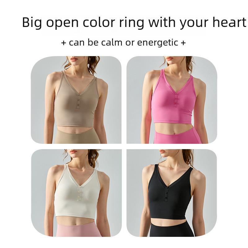 "Sexy Cross-Back V-Neck Sports Vest with Chest Pad - Solid Color Yoga Top for Summer"