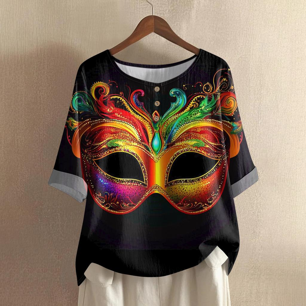 Women's Carnival Printed Casual Mid Sleeve Round Neck Cotton And Hemp Top
