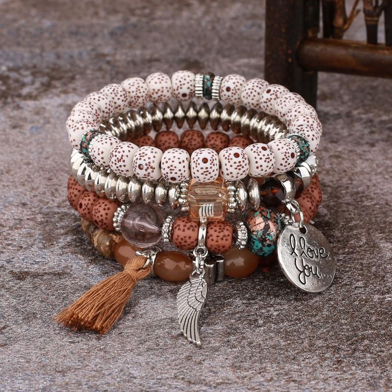 4PCS Bohemian Multi-Strand Beaded Bracelet Set with Fringe Tassel & Wing "I Love You" Charm - Women's Layered Jewelry Gift for Summer Fashion
