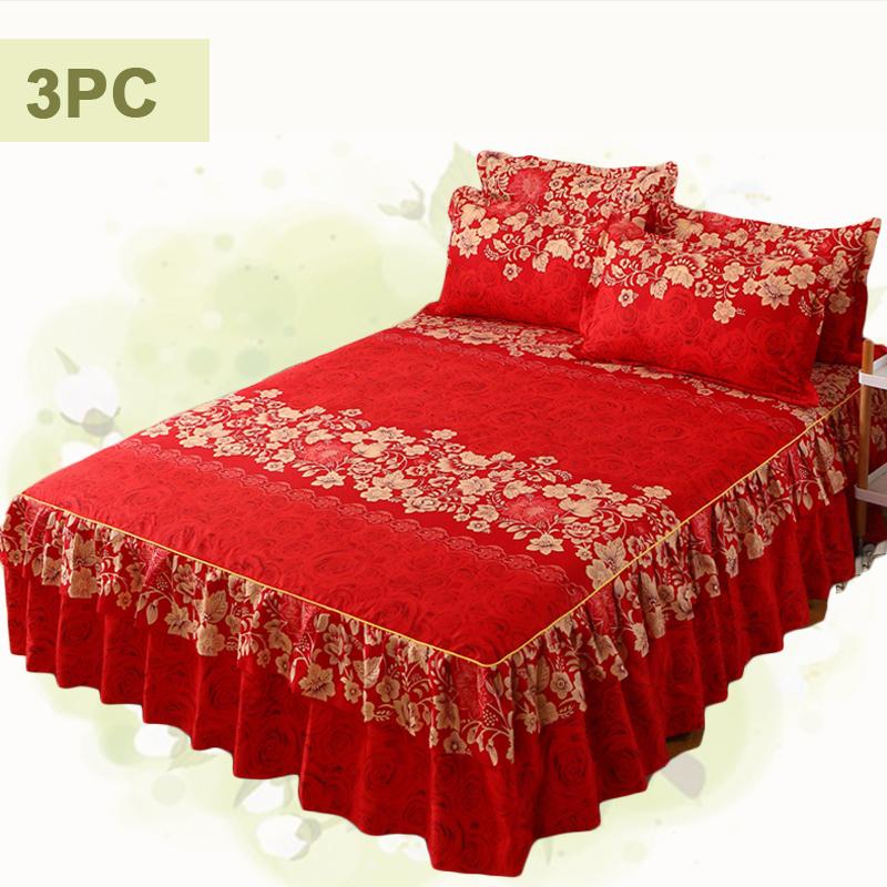 3pc Tropical Floral Bed Skirt Set Includes 1Non-slip Lace Bed Skirt And 2 Decorative Pillowcases All-season Polyester Bedding Ruffles Machine Washable