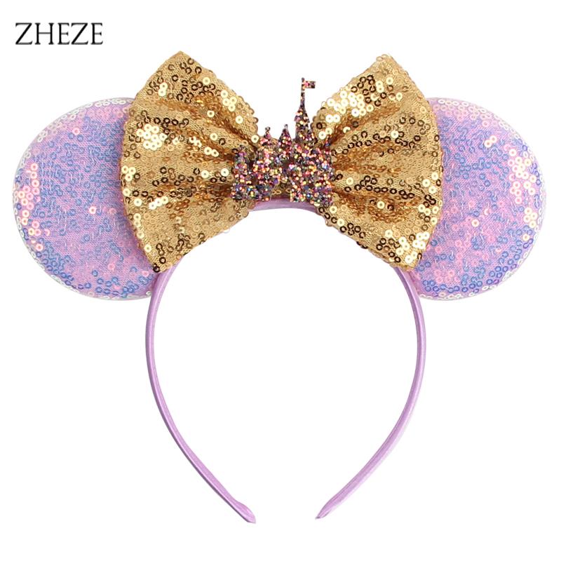 Disney Mickey Uszy Opaska z Cekinami 5" Kokarda Zamek Fajerwerki Opaska do Włosów Dla Dziewczynek Dzieci Featival Impreza DIY Akcesoria do Włosów