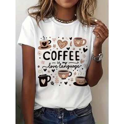 Camiseta Gráfica Feminina para Amantes de Café "Café É Minha Linguagem do Amor" Estampa Ajuste Regular Manga Curta Gola Redonda Respirável Casual Verão