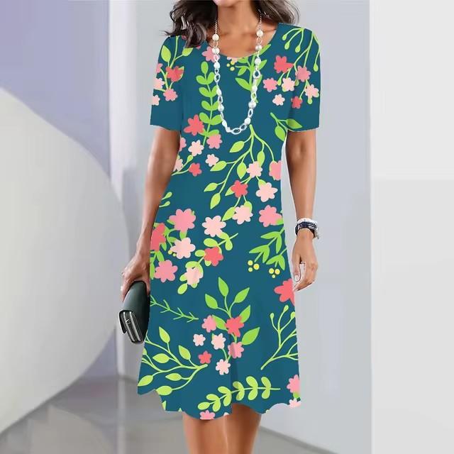 Elegantes Kurzarm 3D-Druckkleid Strand Sommer Midi-Kleider