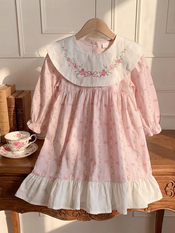 2026 Autumn Korean Style Girls' Floral Embroidery Dress with Doll Collar and Long Sleeves