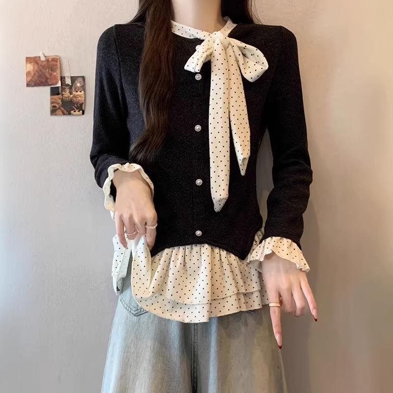 Polka Dot Lace-Up Patchwork Long Sleeve Slimming T-Shirt for Women S чёрный