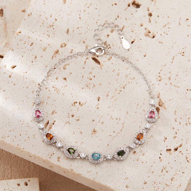 S925 Sterling Silver Color Treasure Jewelry Natural Tourmaline Bracelet Women'S Droplet Gem Bracelet