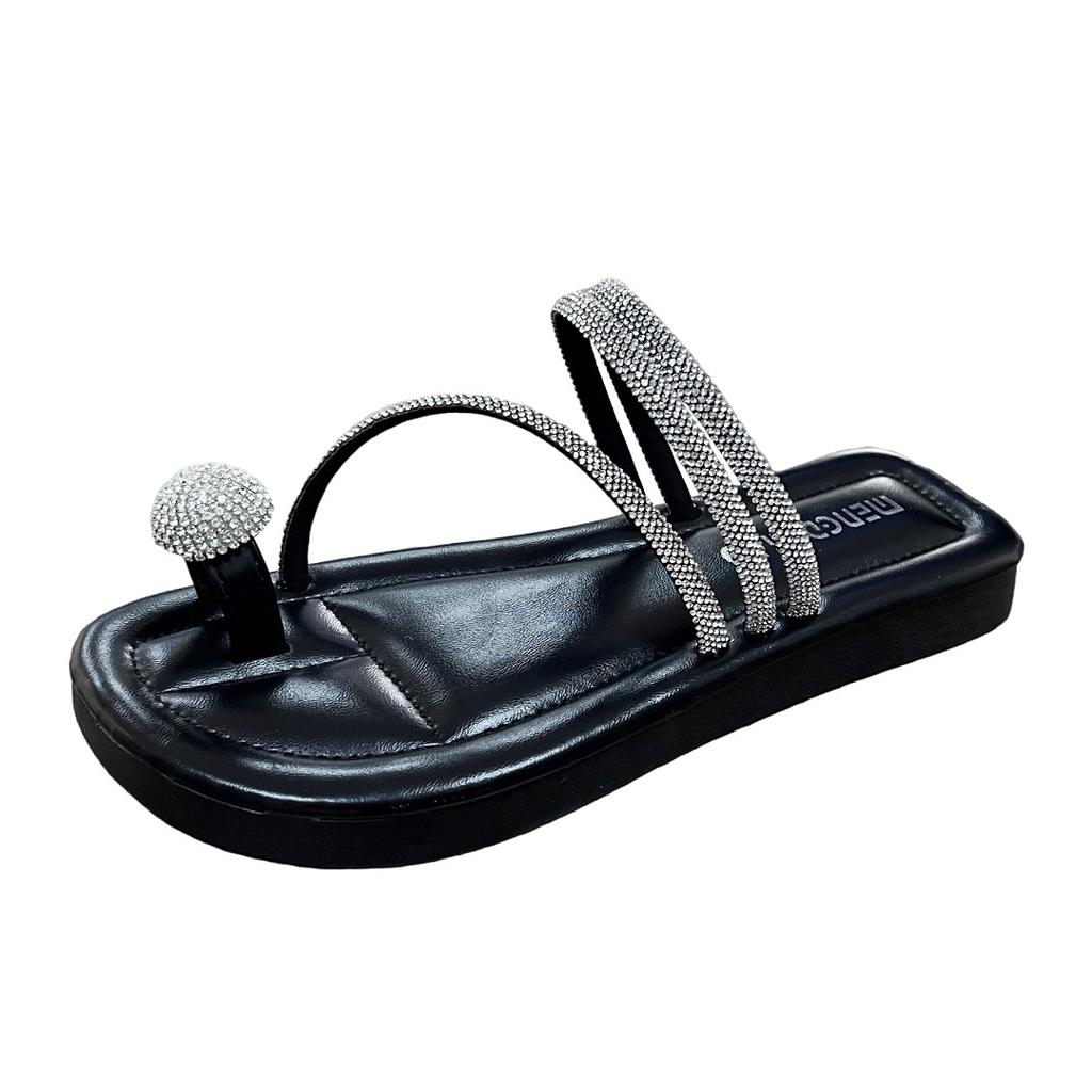 Fashion Crystal Ball Clip Toe Sandals Women Glitter Beading Flat Sandalias Mujer Two Wears Silver Leather Slides Summer Shoes for Woman