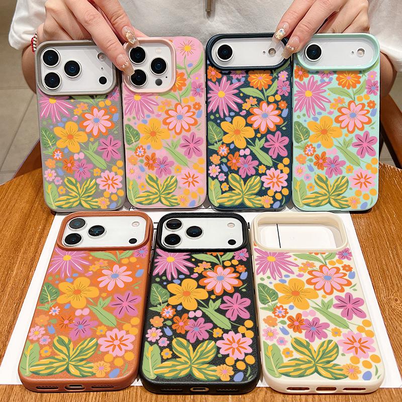 Soft Phone Case For iPhone Air 17 16 15 14 13 12 Pro Max 17 Pro 11 16e Cartoon Flowers Shockproof Leather Texture Silicone Cover