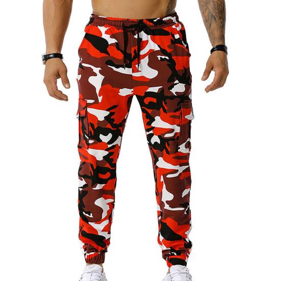 Men Sweatpants Camouflage Drawstring Elastic Waist Multi Pockets Streetwear Loose Ankle Tied Cargo Pants for Training Running Fitness