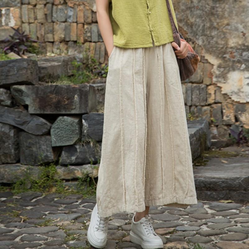 

Johnature Women Vintage Wide Leg Pants Solid Color Elastic Waist Summer Trousers Solid Color Patchwork Pants One Size бежевый