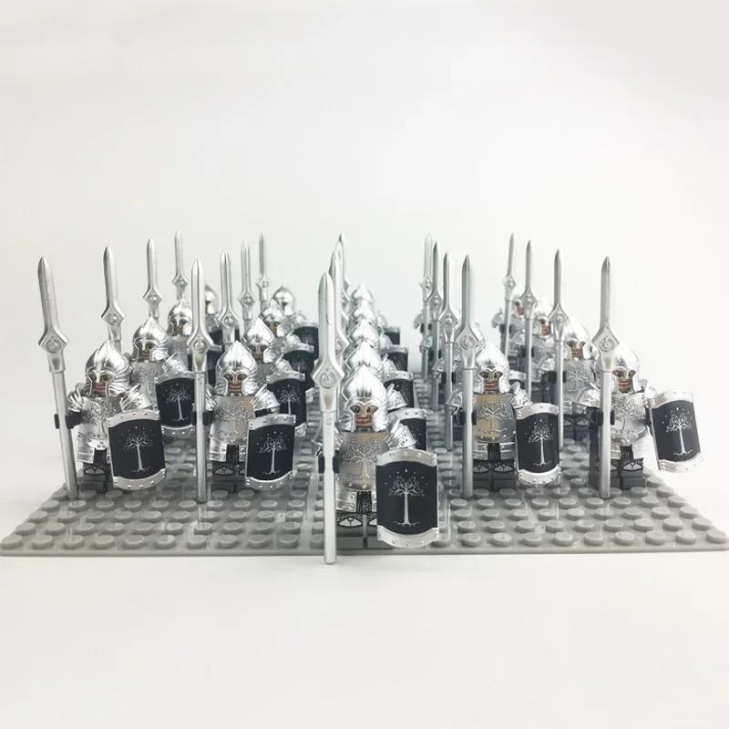 21Pcs/lot Dane Iron Feet Eomer Rohan Warriorr Vs Uruk Hai Army Figrues With Shield Sword Bow Spear Building Blocks Toys for Kids