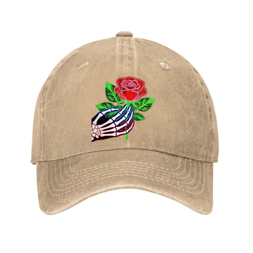 Skeleton Hand Holding Rose Baseball Cap Washed Denim Casual Adjustable Dad Hat Unisex