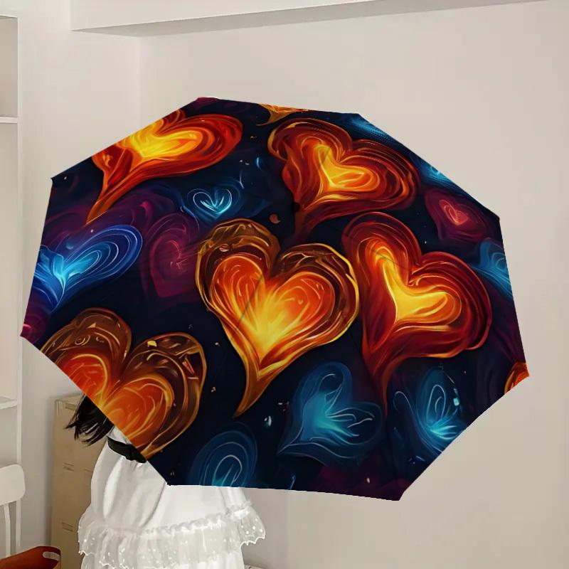 1PC Heart Flames Automatic Folding Umbrella - Compact 8-Rib Design, Durable Plastic & Iron, Lightweight for Outdoor Daily Use, Festive Gift087