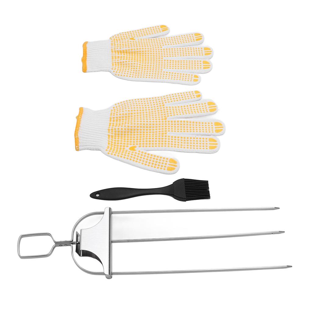 Stainless Steel Skewer Set 3 Prong Barbecue Fork Oil Brush and Gloves for Grilling Meat Chicken