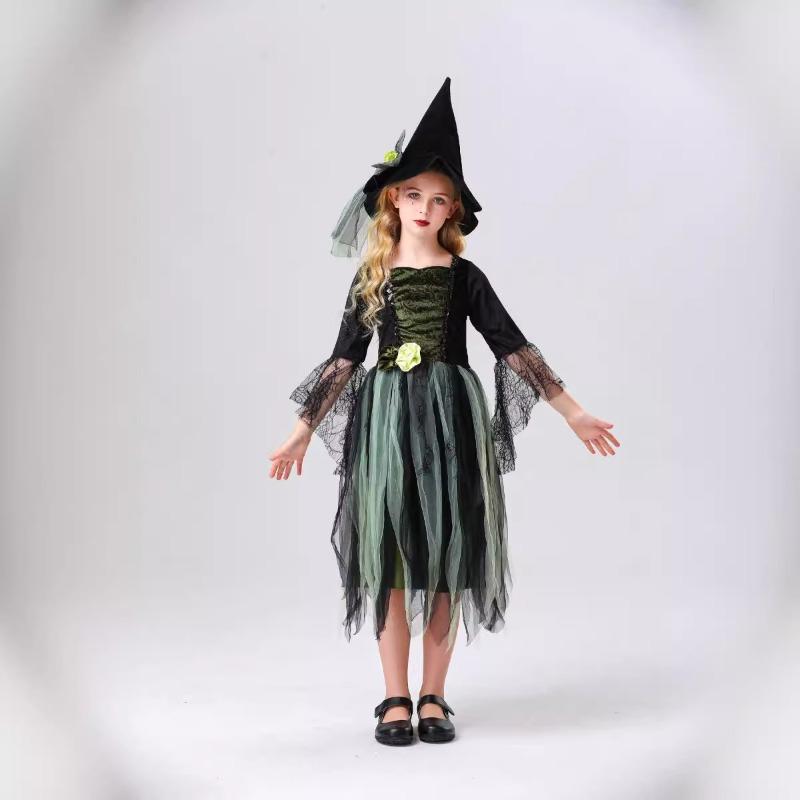 Halloween Party Adult Children Stage Show Green Mesh Witch Dress Parent-Child Costume