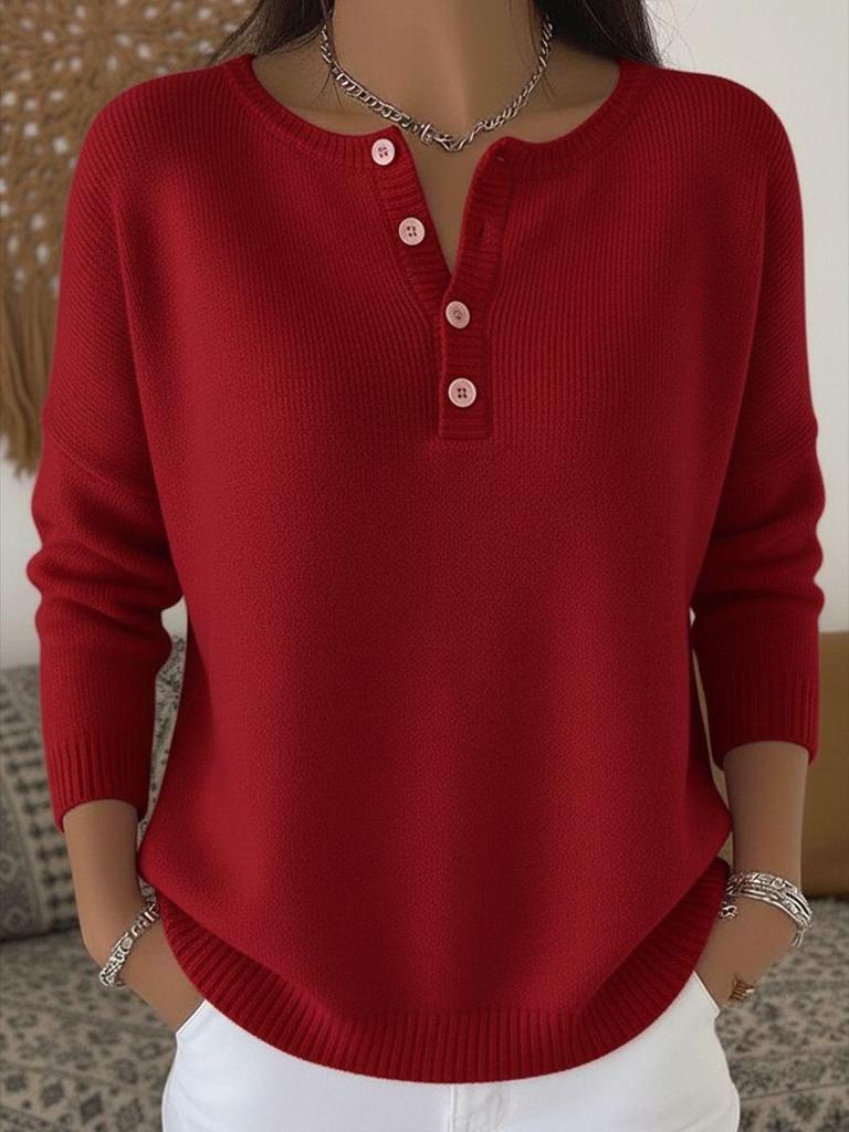 Women's Button Detail V-Neck Long Sleeve Knit Sweater Loose Fit Casual Pullover