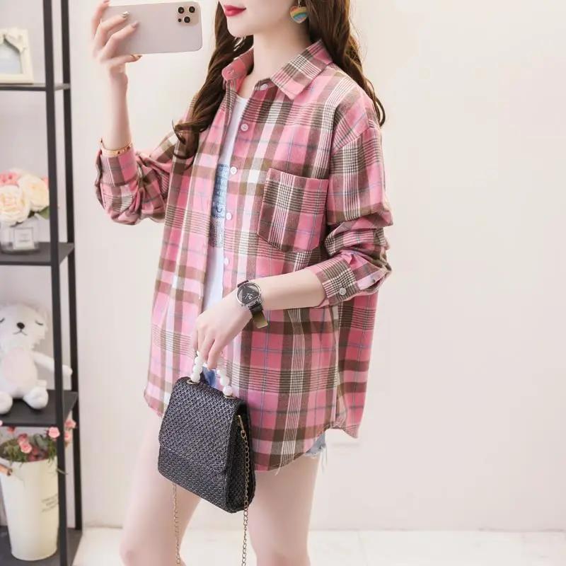 Autumn Plaid Shirts Womens Blouses Thin and Versatile Casual Student Plus Size Outerwear Shirt
