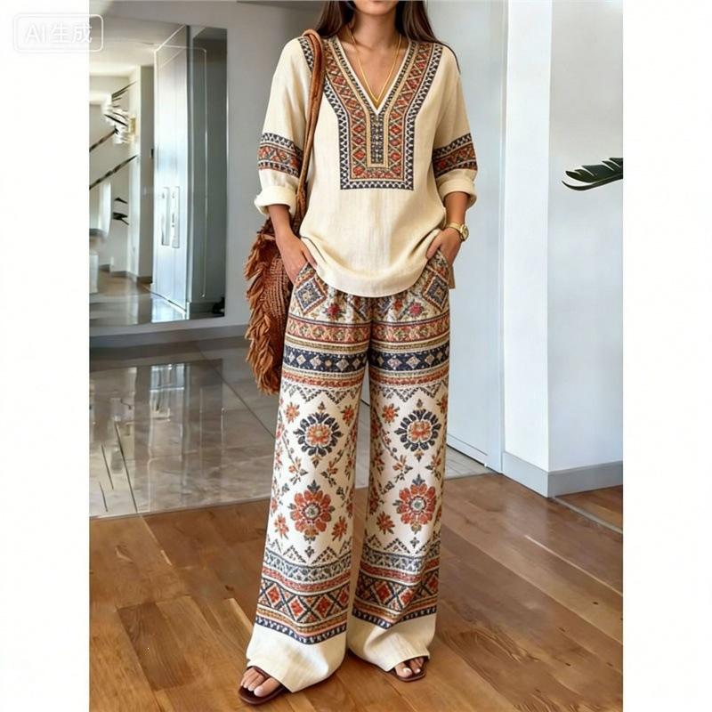 Bohemian Print Cotton and Linen Shirt Long-sleeved Wide-leg Pants Two-piece Set V-neck Vacation Loose Casual Suit Women