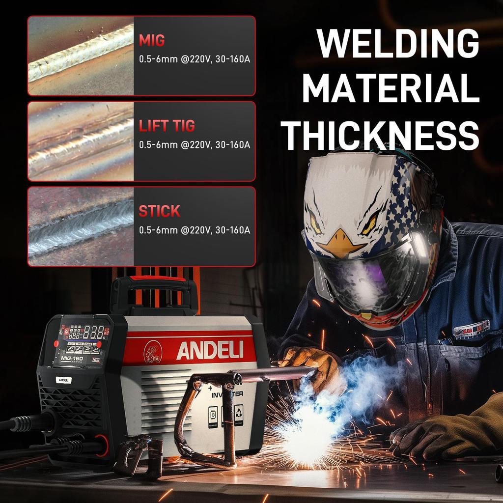 MIG Welder MIG-160 AIR 160A GAS MIG/FLUX MIG/LIFT TIG/MMA 4-In-1 Multiprocess Welding Machine ANDELI LED Digital Display Synergic Control