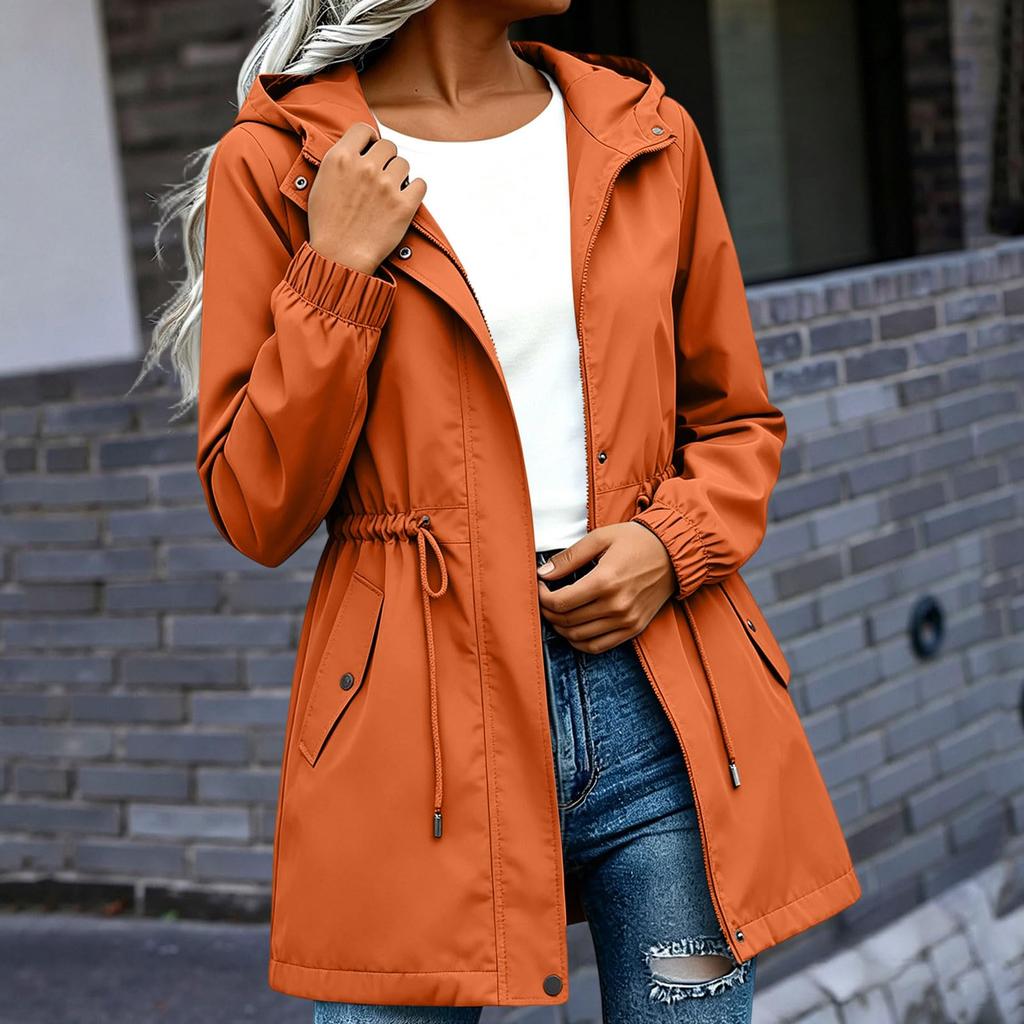 Damen Kapuzenjacke Mittellang Lässiger Lockerer Schnitt Windbreaker Mantel mit Verstellbarem Bundzug und Druckknopfleiste vorne