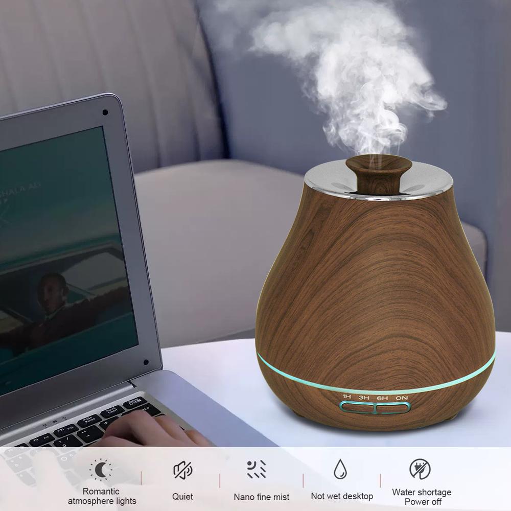Cool Mist Humidifier Dark Wood Kettle Shape Diffuser with Auto Shutoff, 7-Color Night Light, 3 Timer, Quiet & Energy Efficient
