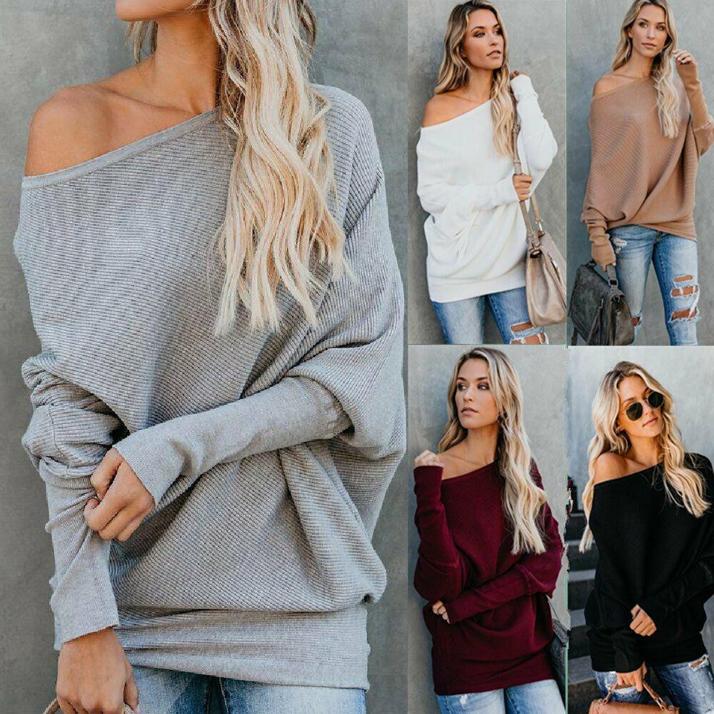 Stylish Women One Shoulder Knitted Sweater Blouse With Long Sleeves And Soft Material