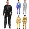 Herr Glansig Metallisk Nedvikt Krage Långärmad Hög Midja Jumpsuit Halloween Kostym