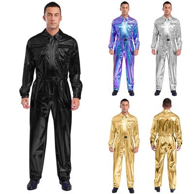 Mens Shiny Metallic Turn Down Collar Long Sleeve High Waist Jumpsuit Halloween Costume
