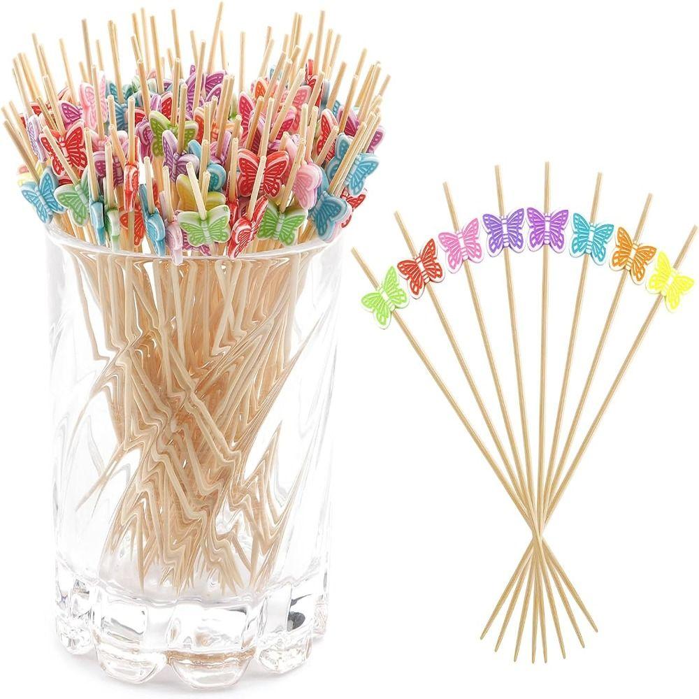 300 pcs Disposable Fruit Swab 4.7 Inch Cocktail Pick Durable Bamboo Butterfly Fruit Skewer  Fruit