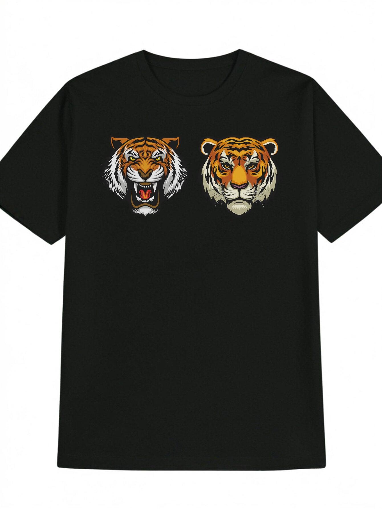 Casual Graphic T-shirt with Bold Tiger Head & Yellow Eyes Print - Black Round Neck Summer Tee XXXXL