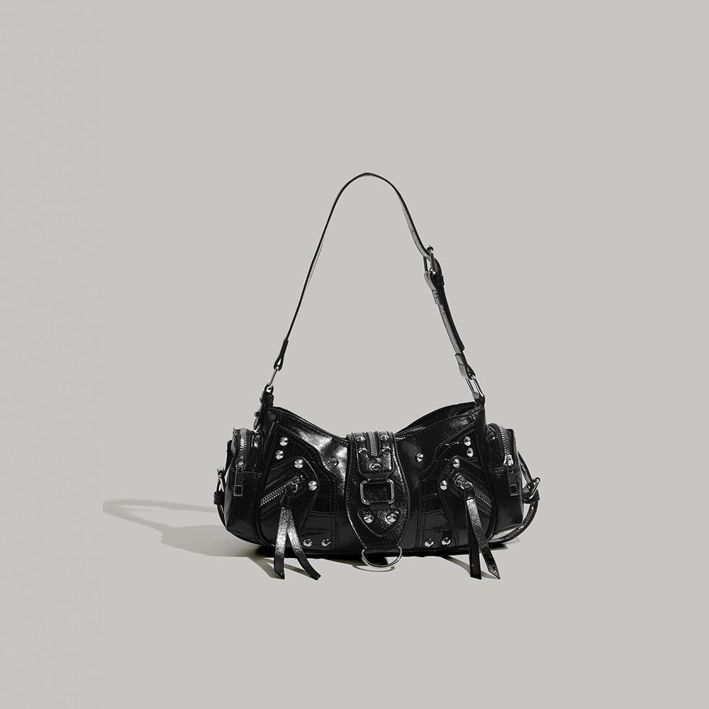 Cross-border 2025 New Rivet Handbag, Niche Design, Trendy Oil Wax Leather Shoulder Bag for Commuting, Crossbody Biker Bag