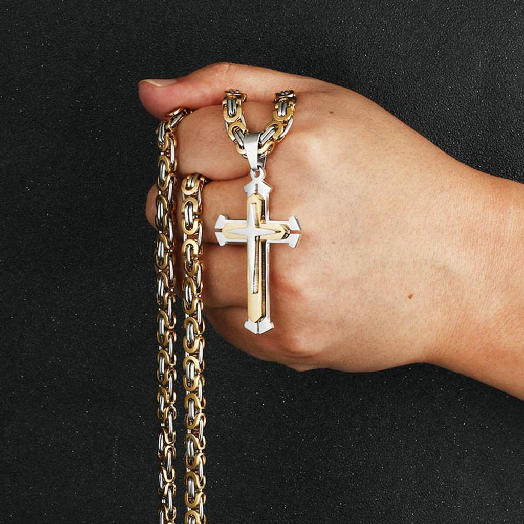 Three Layers Knight Cross Pendants Necklace for Men Stainless Steel Byzantine Link Chain Necklace Male Punk Jewelry Gift