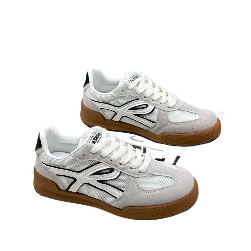 Women's color matching lace-up round head flat-bottomed sports and leisure shoes New versatile splicing board shoes