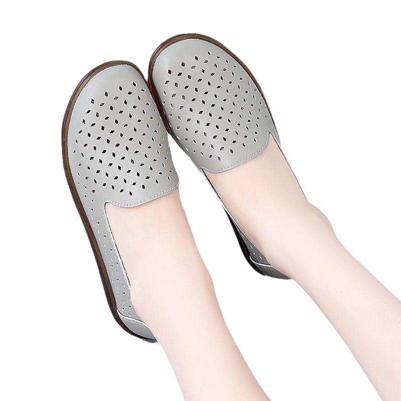 Real soft leather hollow women's shoes beef tendon sole single shoes women's breathable lazy hole shoes pregnant women pedal shoes