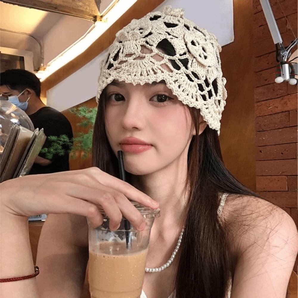 Bohemian Style Hollowed Out Beanie Cap Handmade Woven Cap Retro Crochet Flower Knitted Hat  Outdoor