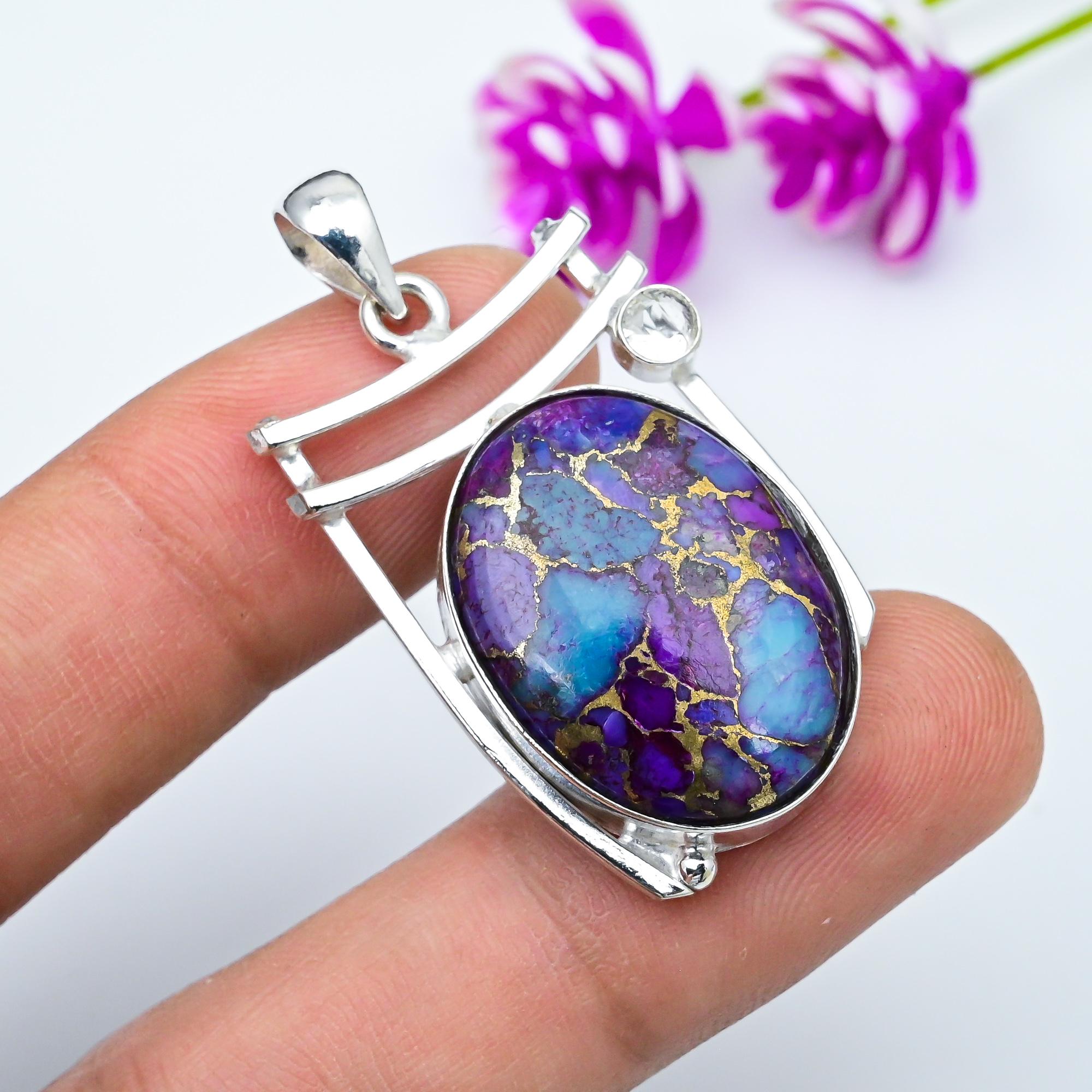 

Кулон из фиолетовой медной бирюзы и белого топаза, ювелирные изделия из стерлингового серебра 925 пробы, подвеска с драгоценным камнем, подарок для нее, изящные ювелирные изделия ручной работы 1.77 Inches