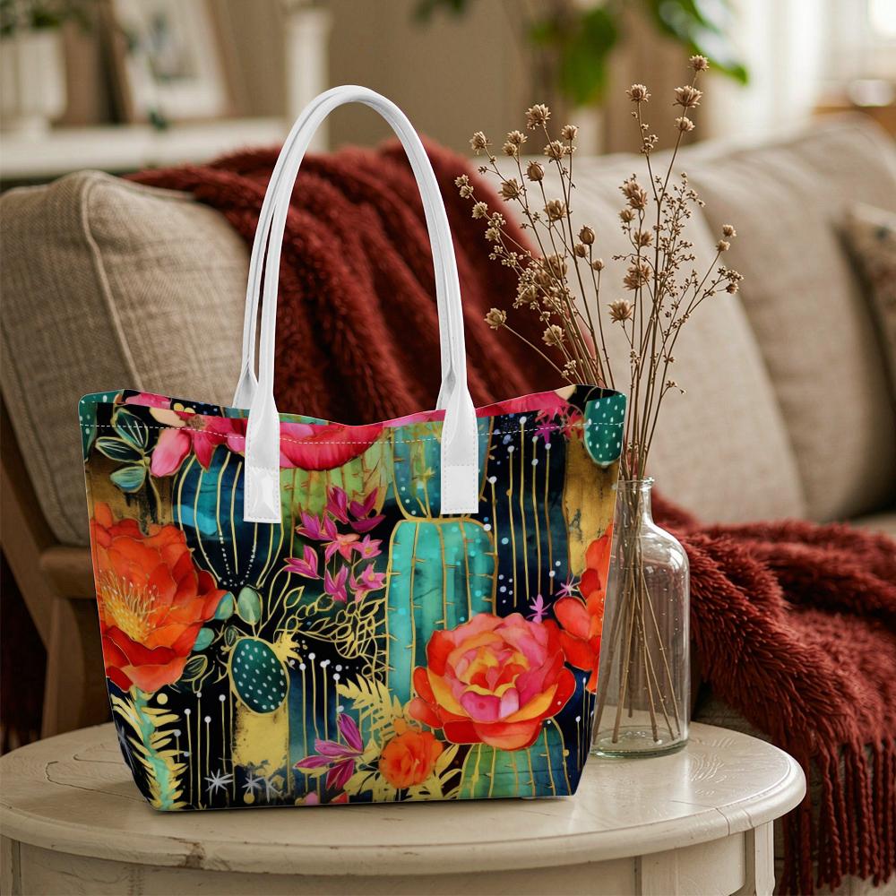 Boho Cactus Floral Print Tote Bag Fashion Casual Large Capacity Daily Shoulder Bag for Women
