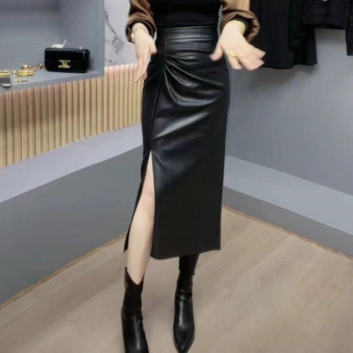 PU leather skirt hip skirt skirt skirt women s autumn new women s clothing medium and long A-shaped skirt autumn and winter skirt XS чёрный
